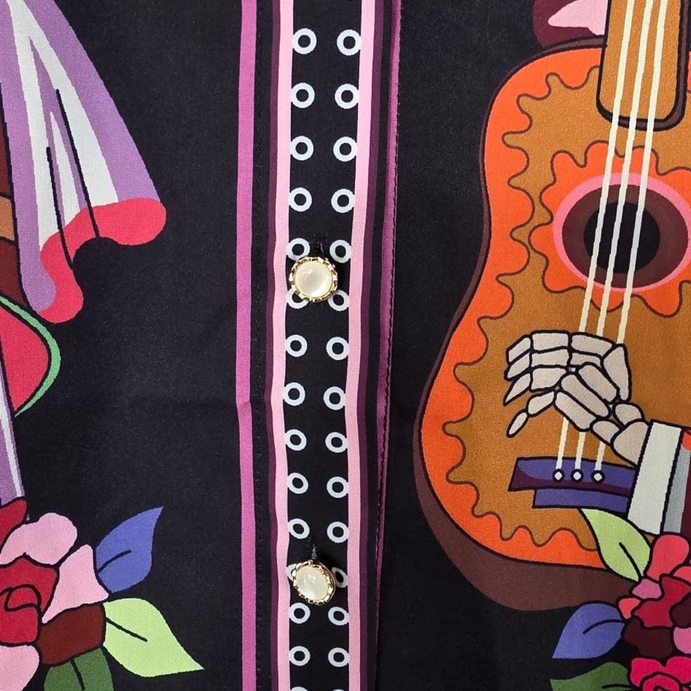 Womens Day of the Dead Skeleton Guitar Print Button Up Shirt Long Sleeve‎ Black - Picture 4 of 7